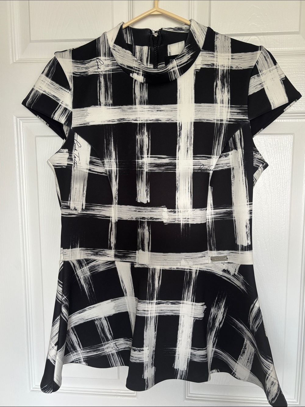 Pink Tartan Black & White Brushstroke Mock Neck Peplum Tunic